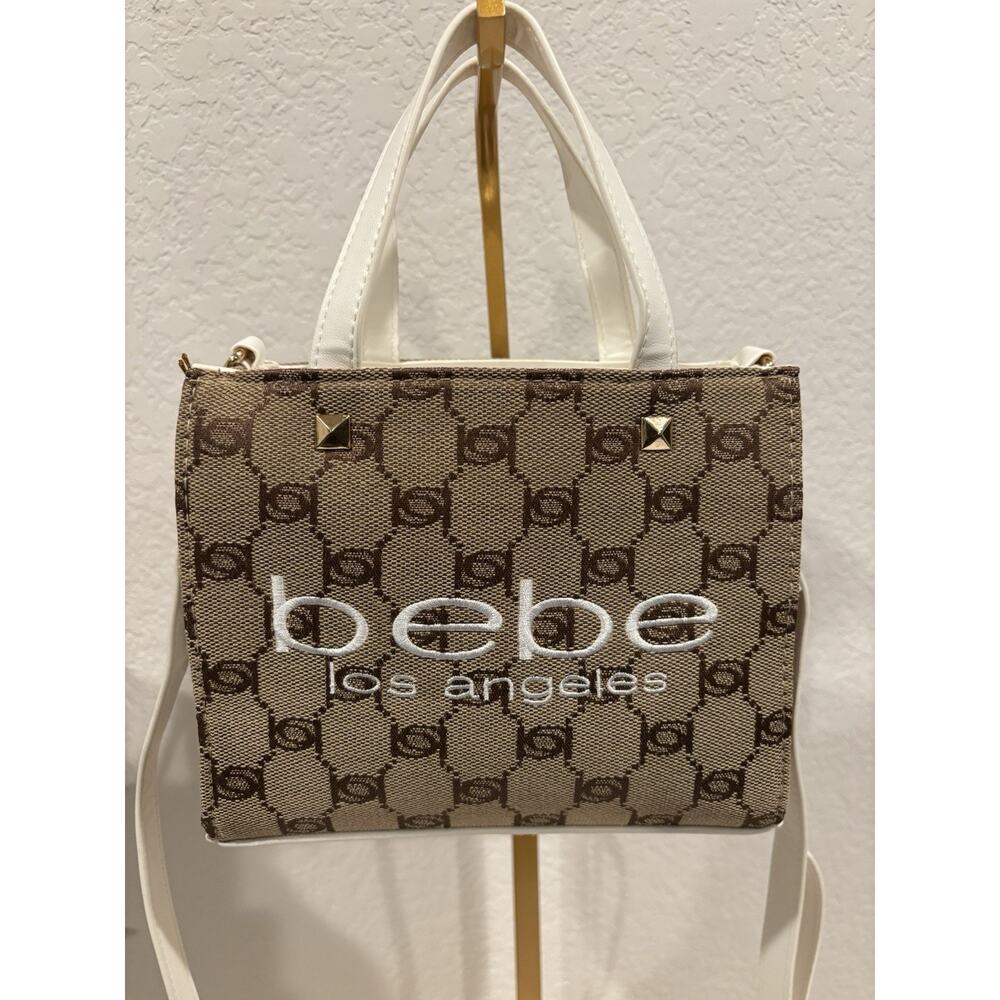 Bebe Tallulah Mini Satchel Crossbody Bag Brown Monogram White Trim NWT MSRP $99